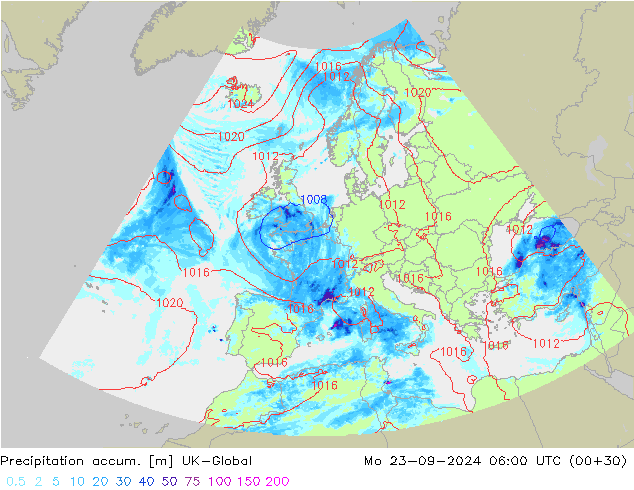 Precipitation accum. UK-Global Mo 23.09.2024 06 UTC