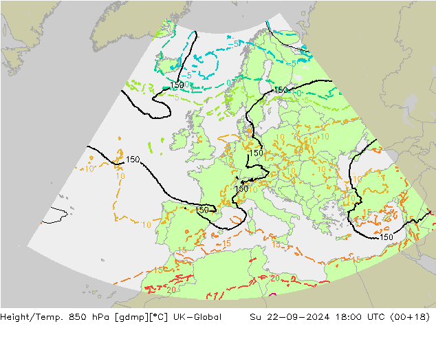 Height/Temp. 850 hPa UK-Global dom 22.09.2024 18 UTC