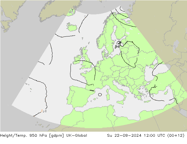 Height/Temp. 950 hPa UK-Global 星期日 22.09.2024 12 UTC