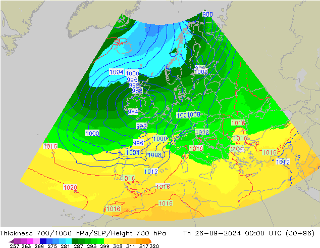 Thck 700-1000 hPa UK-Global Th 26.09.2024 00 UTC