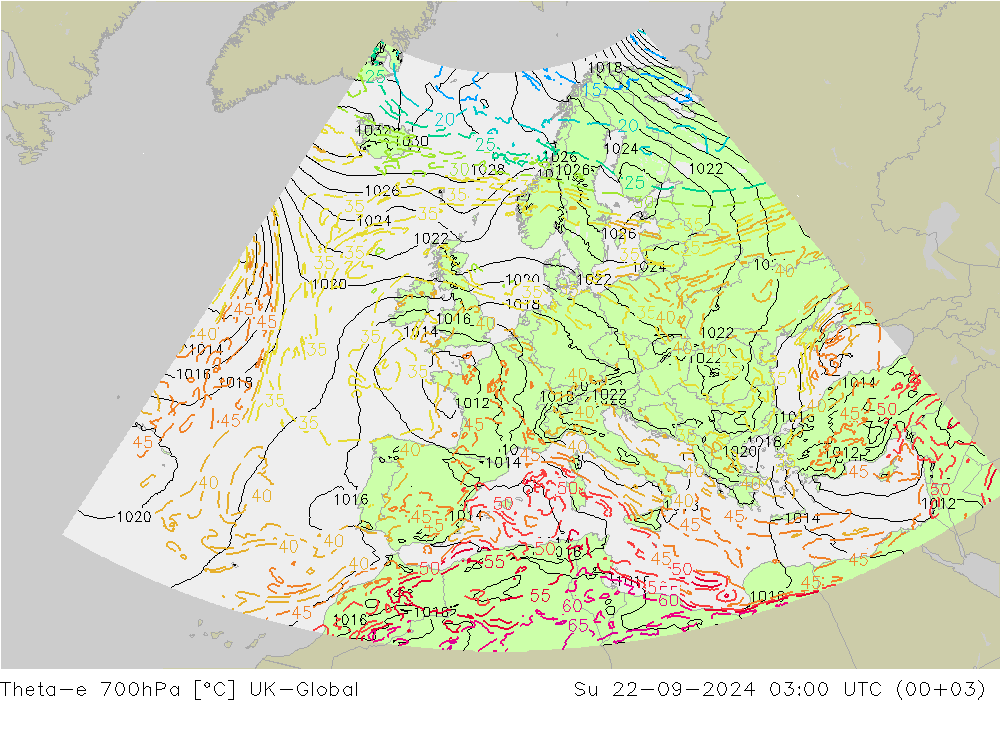 Theta-e 700hPa UK-Global 星期日 22.09.2024 03 UTC