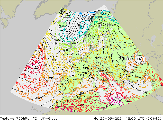 Theta-e 700hPa UK-Global Mo 23.09.2024 18 UTC