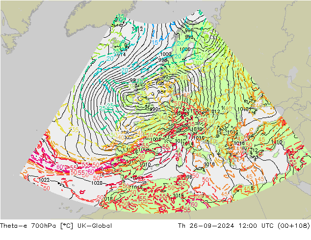 Theta-e 700hPa UK-Global Qui 26.09.2024 12 UTC