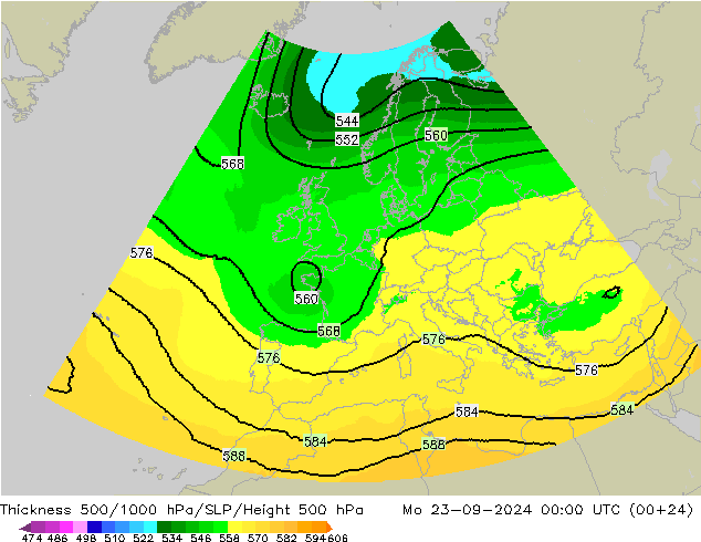 Thck 500-1000hPa UK-Global Mo 23.09.2024 00 UTC