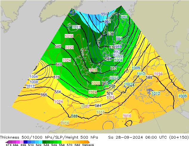 Dikte 500-1000hPa UK-Global za 28.09.2024 06 UTC