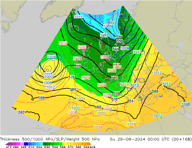 Espesor 500-1000 hPa UK-Global dom 29.09.2024 00 UTC