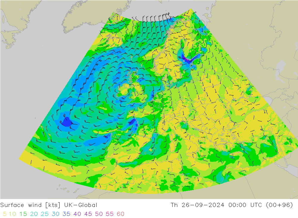 Surface wind UK-Global Th 26.09.2024 00 UTC