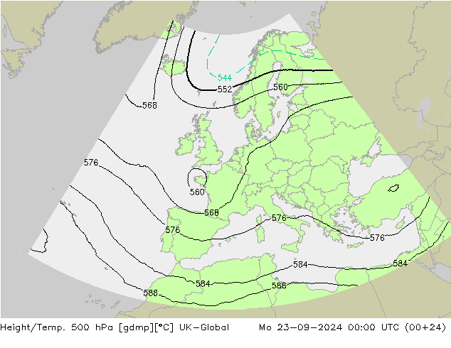 Height/Temp. 500 hPa UK-Global 星期一 23.09.2024 00 UTC