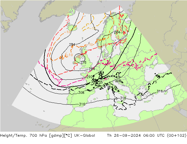 Height/Temp. 700 hPa UK-Global Qui 26.09.2024 06 UTC