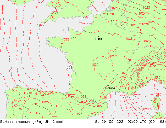 Pressione al suolo UK-Global dom 29.09.2024 00 UTC