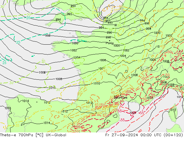 Theta-e 700гПа UK-Global пт 27.09.2024 00 UTC