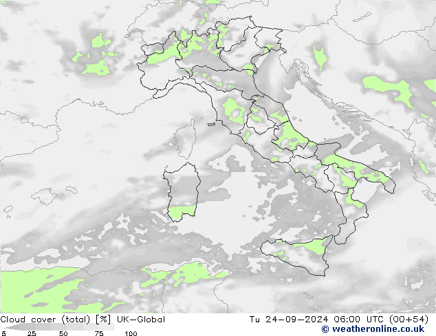 Bewolking (Totaal) UK-Global di 24.09.2024 06 UTC