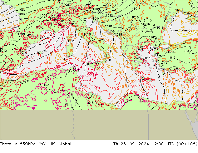 Theta-e 850hPa UK-Global Qui 26.09.2024 12 UTC