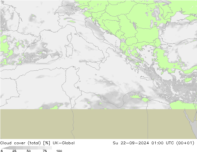 Bewolking (Totaal) UK-Global zo 22.09.2024 01 UTC