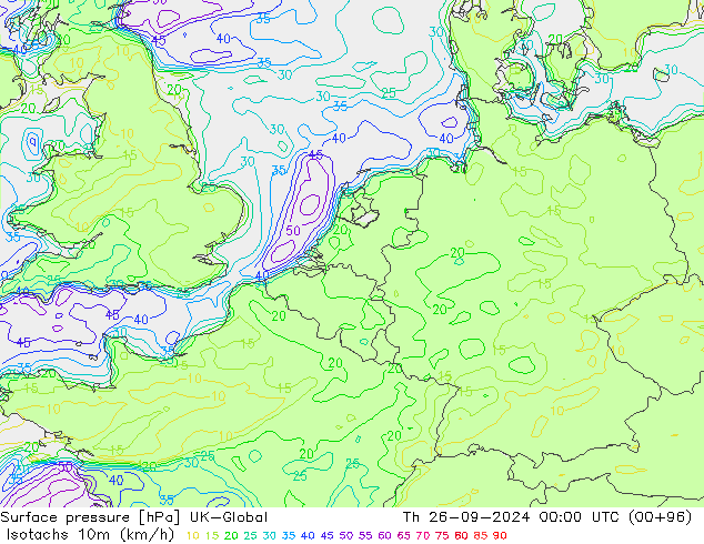 Isotachs (kph) UK-Global Th 26.09.2024 00 UTC