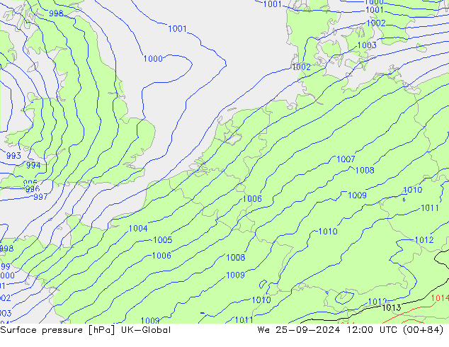 Presión superficial UK-Global mié 25.09.2024 12 UTC