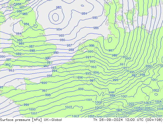 Pressione al suolo UK-Global gio 26.09.2024 12 UTC