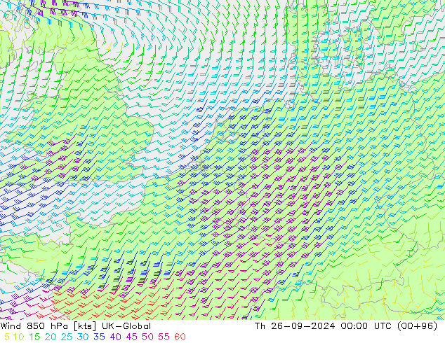 Wind 850 hPa UK-Global Čt 26.09.2024 00 UTC