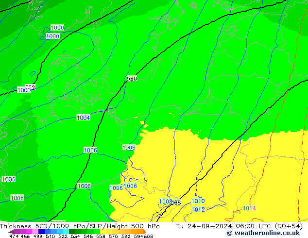 Schichtdicke 500-1000 hPa UK-Global Di 24.09.2024 06 UTC