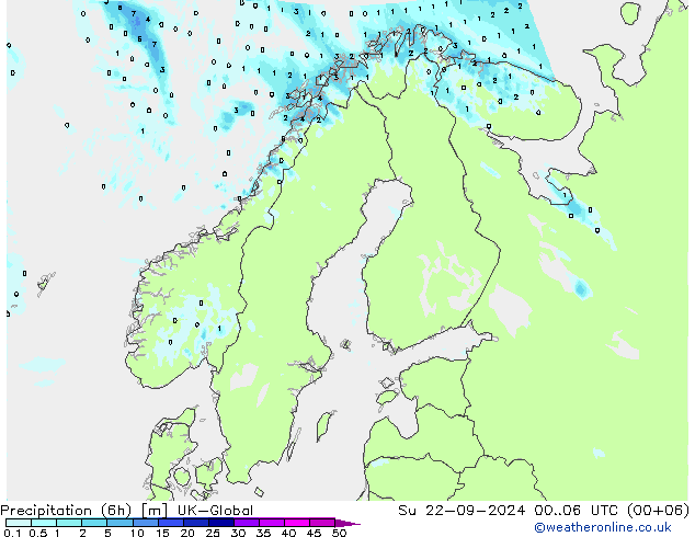 降水量 (6h) UK-Global 星期日 22.09.2024 06 UTC