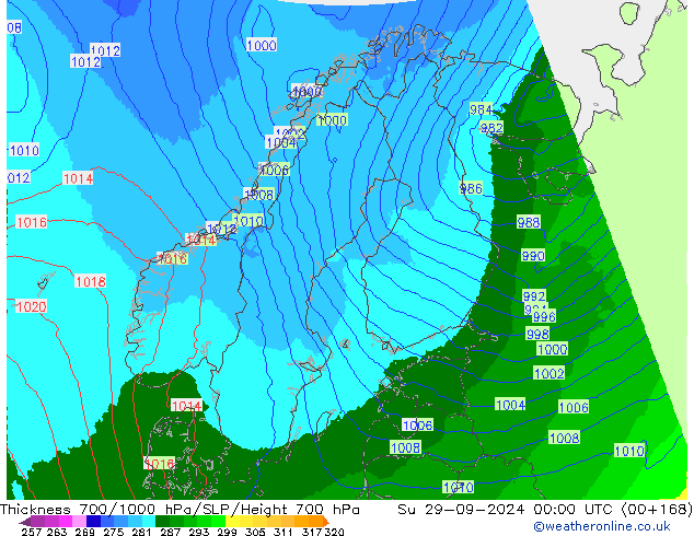 Thck 700-1000 hPa UK-Global Su 29.09.2024 00 UTC