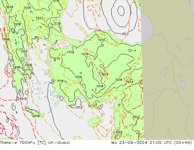 Theta-e 700hPa UK-Global Mo 23.09.2024 21 UTC