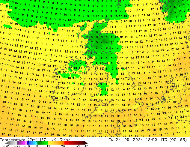 Temperatuurkaart (2m) UK-Global di 24.09.2024 18 UTC