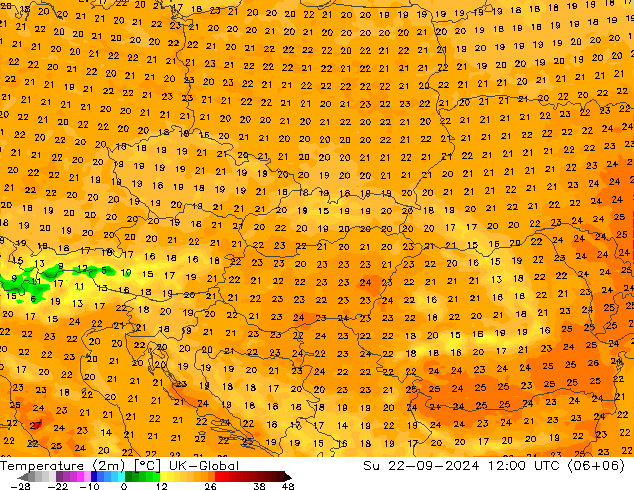 Temperature (2m) UK-Global Su 22.09.2024 12 UTC