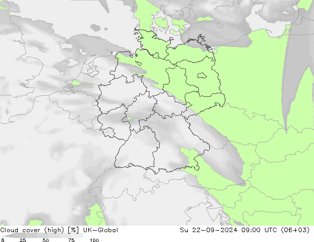 Cloud cover (high) UK-Global Su 22.09.2024 09 UTC