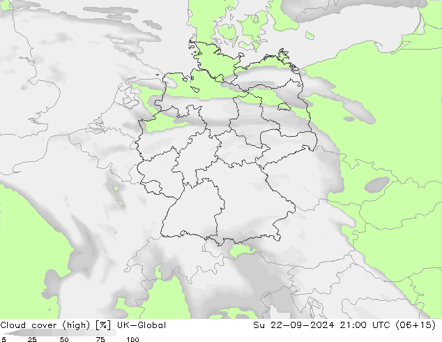 Cloud cover (high) UK-Global Su 22.09.2024 21 UTC