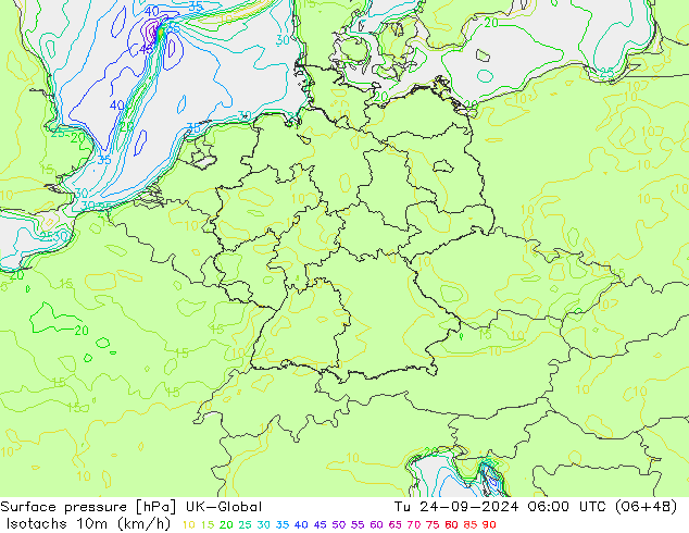 Isotachen (km/h) UK-Global Di 24.09.2024 06 UTC