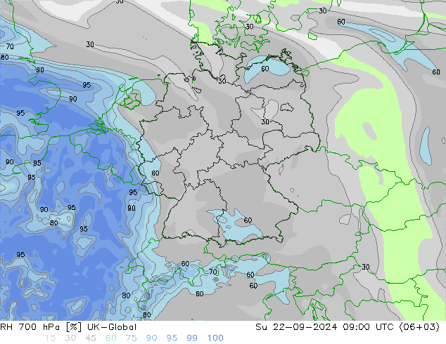 RH 700 hPa UK-Global 星期日 22.09.2024 09 UTC