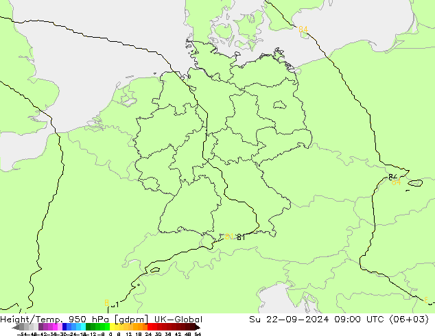Height/Temp. 950 hPa UK-Global So 22.09.2024 09 UTC
