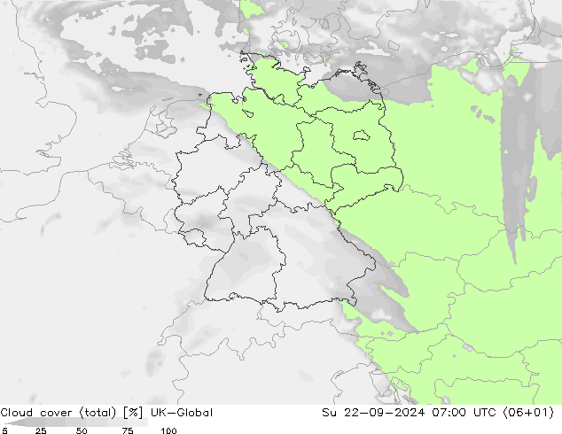 Cloud cover (total) UK-Global Ne 22.09.2024 07 UTC