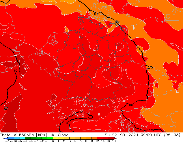 Theta-W 850hPa UK-Global Su 22.09.2024 09 UTC