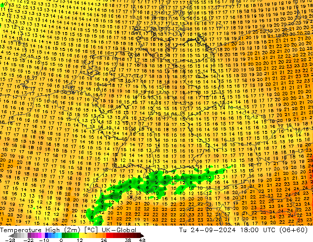 temperatura máx. (2m) UK-Global Ter 24.09.2024 18 UTC