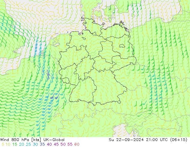 Wind 850 hPa UK-Global zo 22.09.2024 21 UTC