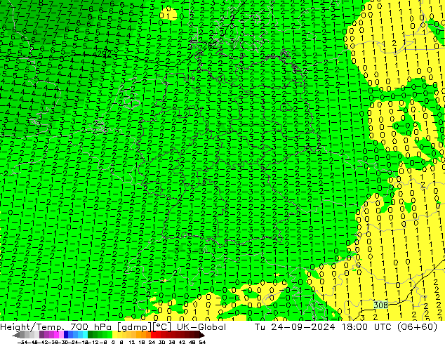 Height/Temp. 700 гПа UK-Global вт 24.09.2024 18 UTC