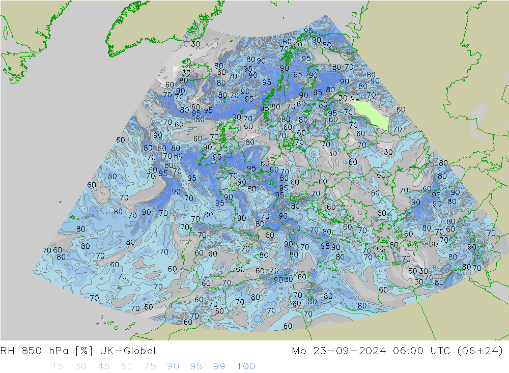 RH 850 hPa UK-Global Mo 23.09.2024 06 UTC