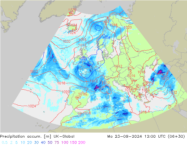 Totale neerslag UK-Global ma 23.09.2024 12 UTC