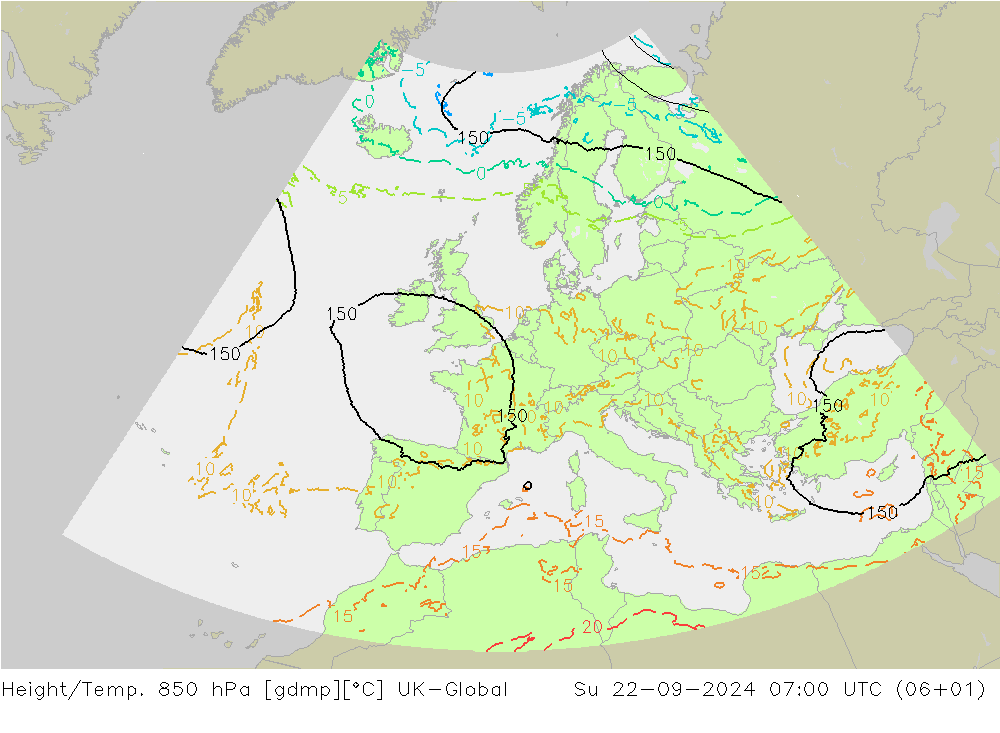 Height/Temp. 850 hPa UK-Global 星期日 22.09.2024 07 UTC
