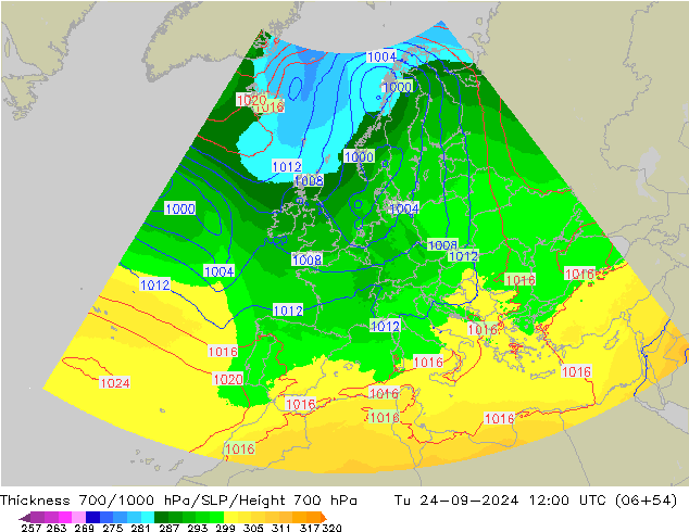 Thck 700-1000 гПа UK-Global вт 24.09.2024 12 UTC