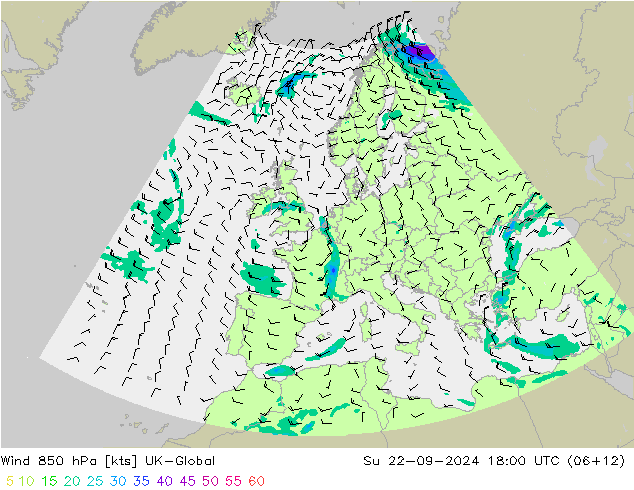 风 850 hPa UK-Global 星期日 22.09.2024 18 UTC