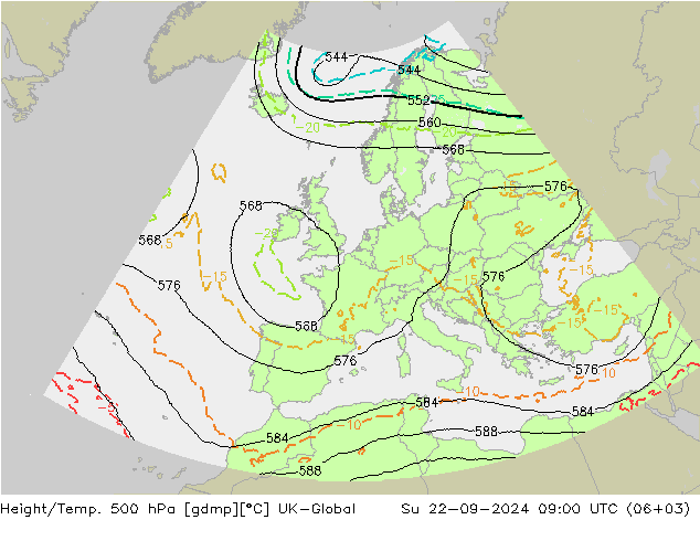 Height/Temp. 500 hPa UK-Global 星期日 22.09.2024 09 UTC