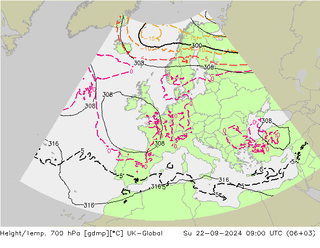 Geop./Temp. 700 hPa UK-Global dom 22.09.2024 09 UTC