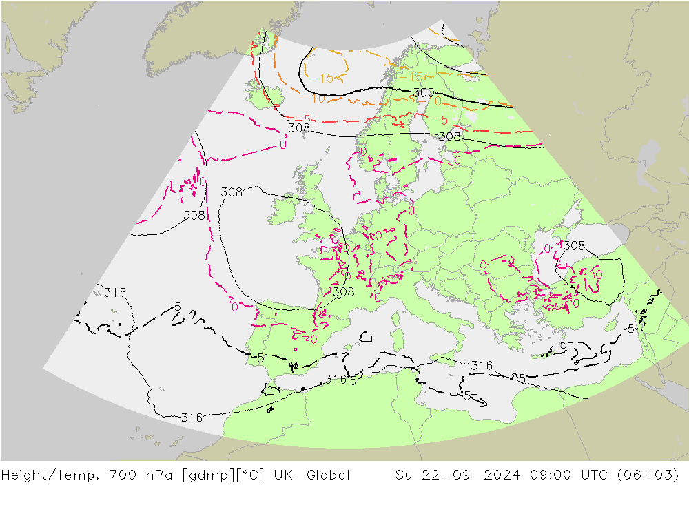 Height/Temp. 700 hPa UK-Global 星期日 22.09.2024 09 UTC