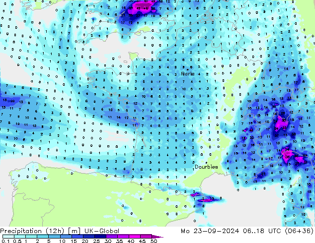 Precipitation (12h) UK-Global Po 23.09.2024 18 UTC