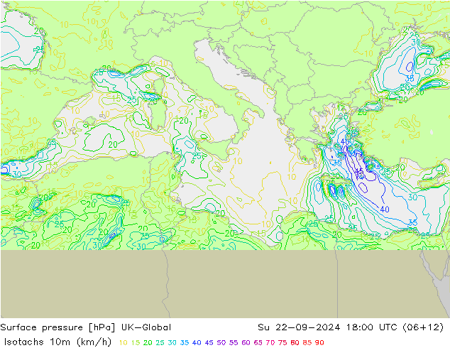 Isotachen (km/h) UK-Global zo 22.09.2024 18 UTC