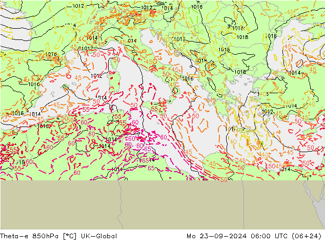 Theta-e 850hPa UK-Global  23.09.2024 06 UTC