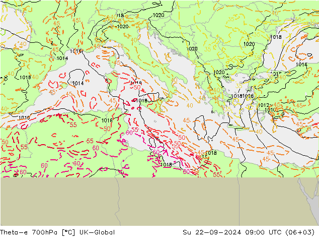 Theta-e 700hPa UK-Global Su 22.09.2024 09 UTC